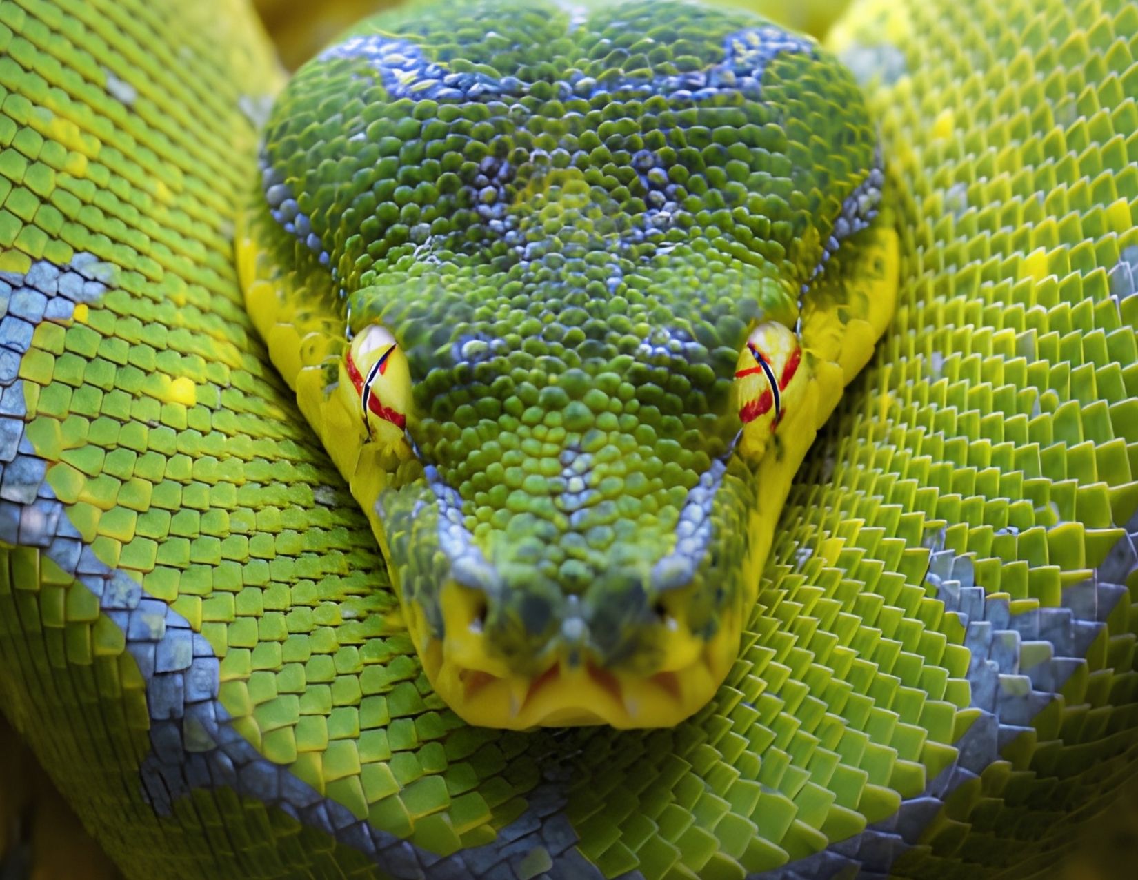 Green tree python coiled at rest — one of the exotic species in our care
